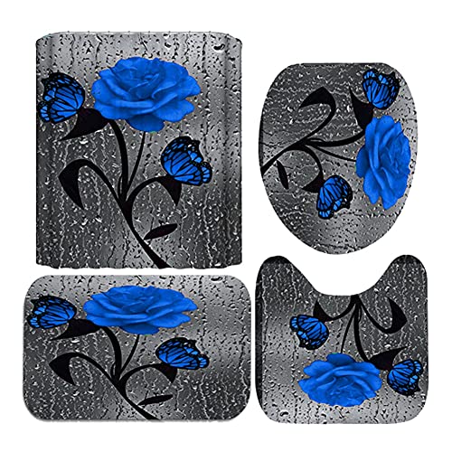 Set baie 4 piese: perdea, covorase si husa de toaleta, Dark Blue Rose