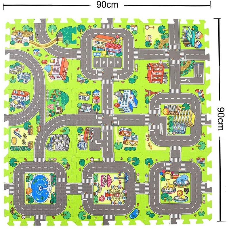 Covoras Puzzle din spuma, 9 bucati, cu imprimeu stradal si animale