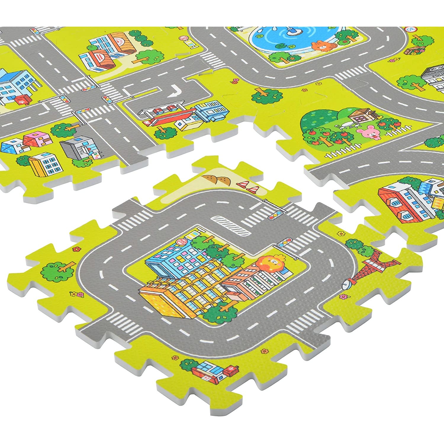 Covoras Puzzle din spuma, 9 bucati, cu imprimeu stradal si animale