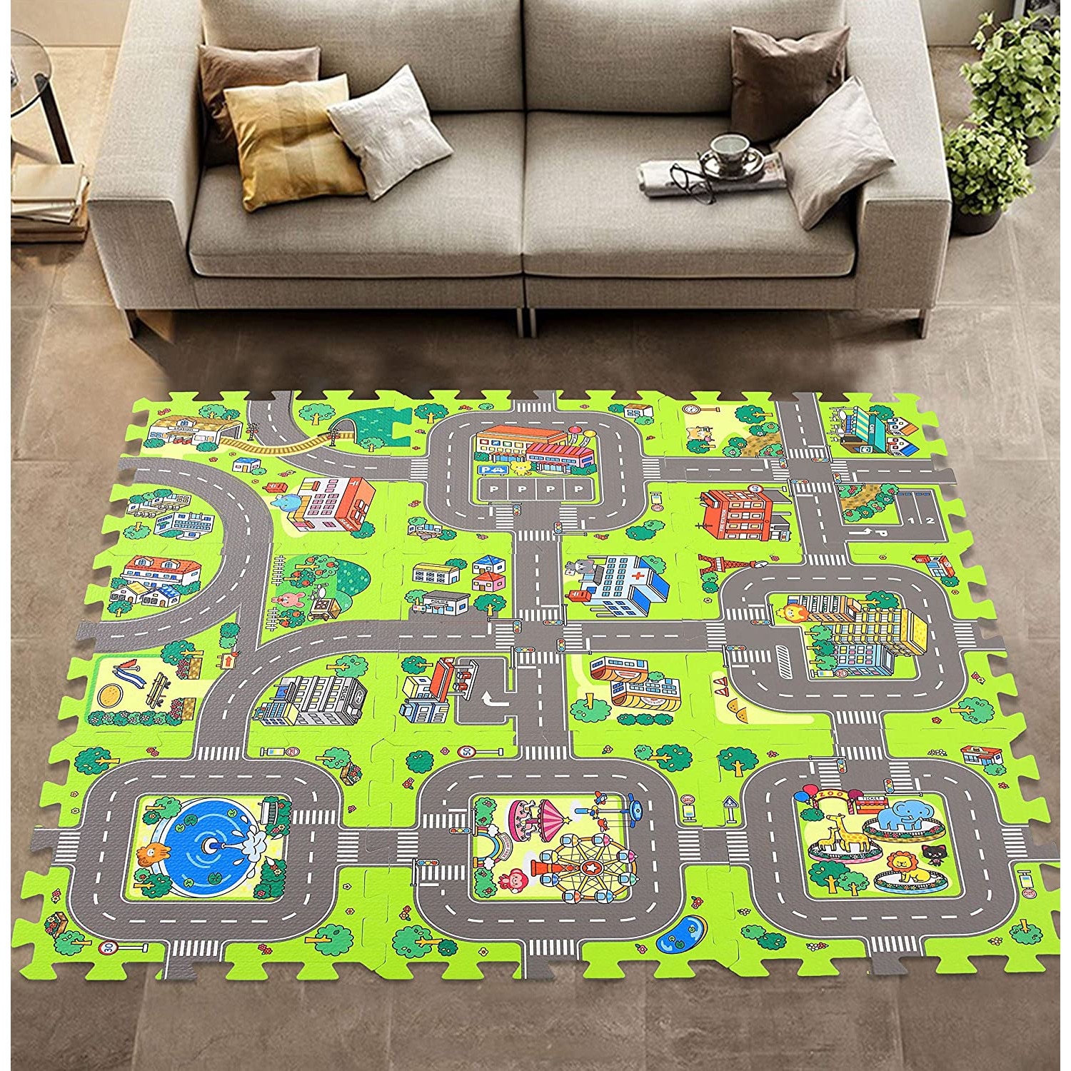 Covoras Puzzle din spuma, 9 bucati, cu imprimeu stradal si animale