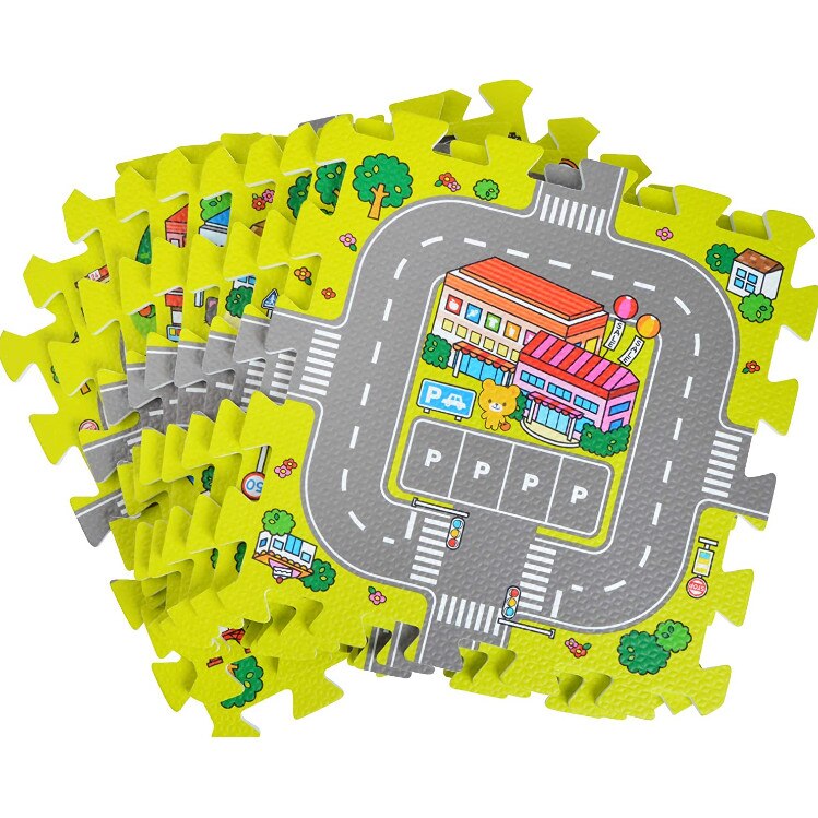 Covoras Puzzle din spuma, 9 bucati, cu imprimeu stradal si animale