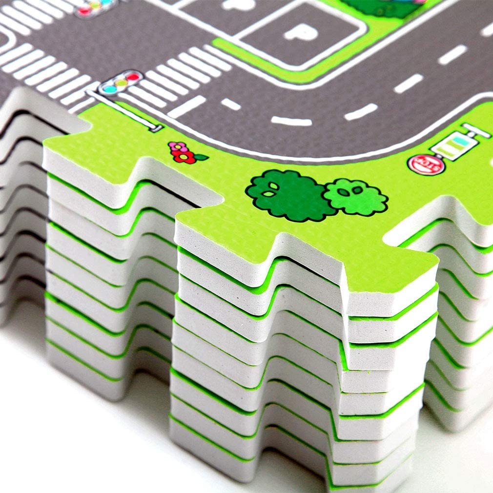 Covoras Puzzle din spuma, 9 bucati, cu imprimeu stradal si animale