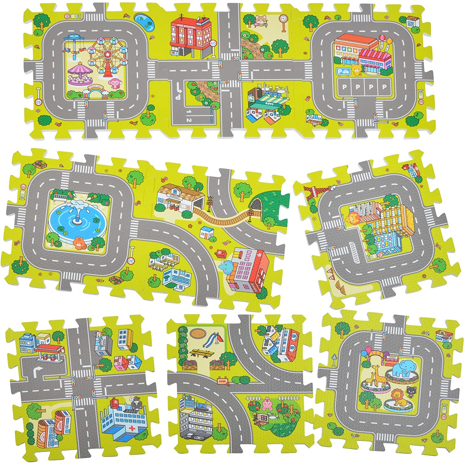 Covoras Puzzle din spuma, 9 bucati, cu imprimeu stradal si animale