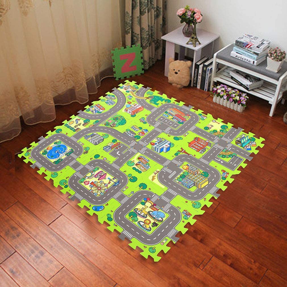 Covoras Puzzle din spuma, 9 bucati, cu imprimeu stradal si animale