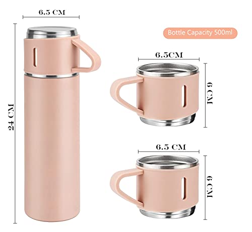 Set 4 piese: Termos 500 ml + 3 cesti, otel inoxidabil, Roz