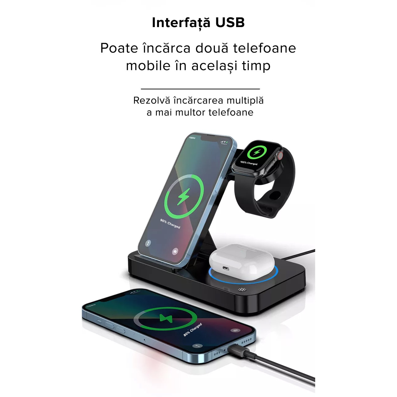 Statie de incarcare wireless pentru telefon, ceas si casti