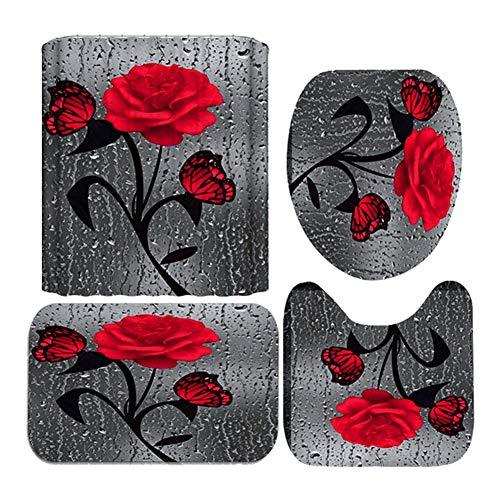 Set baie 4 piese: perdea, covorase si husa de toaleta, Red Rose