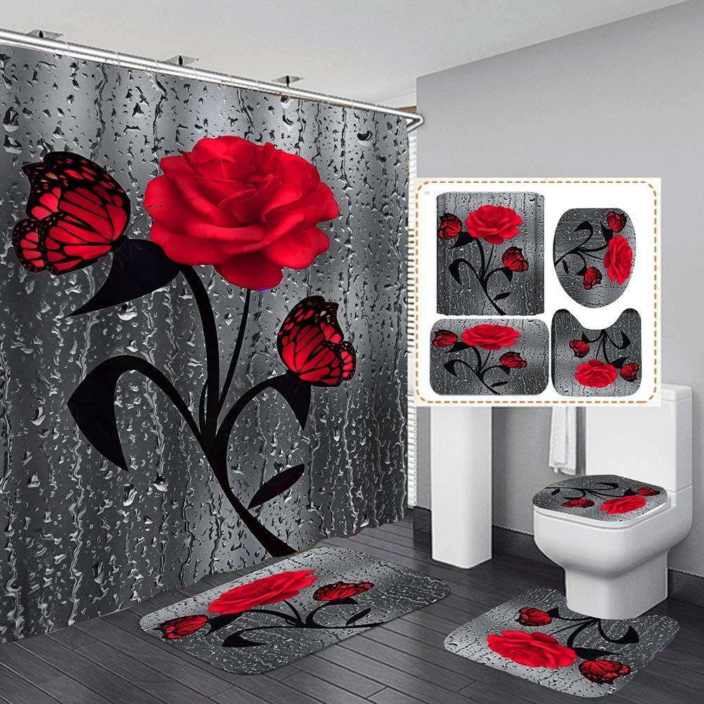 Set baie 4 piese: perdea, covorase si husa de toaleta, Red Rose