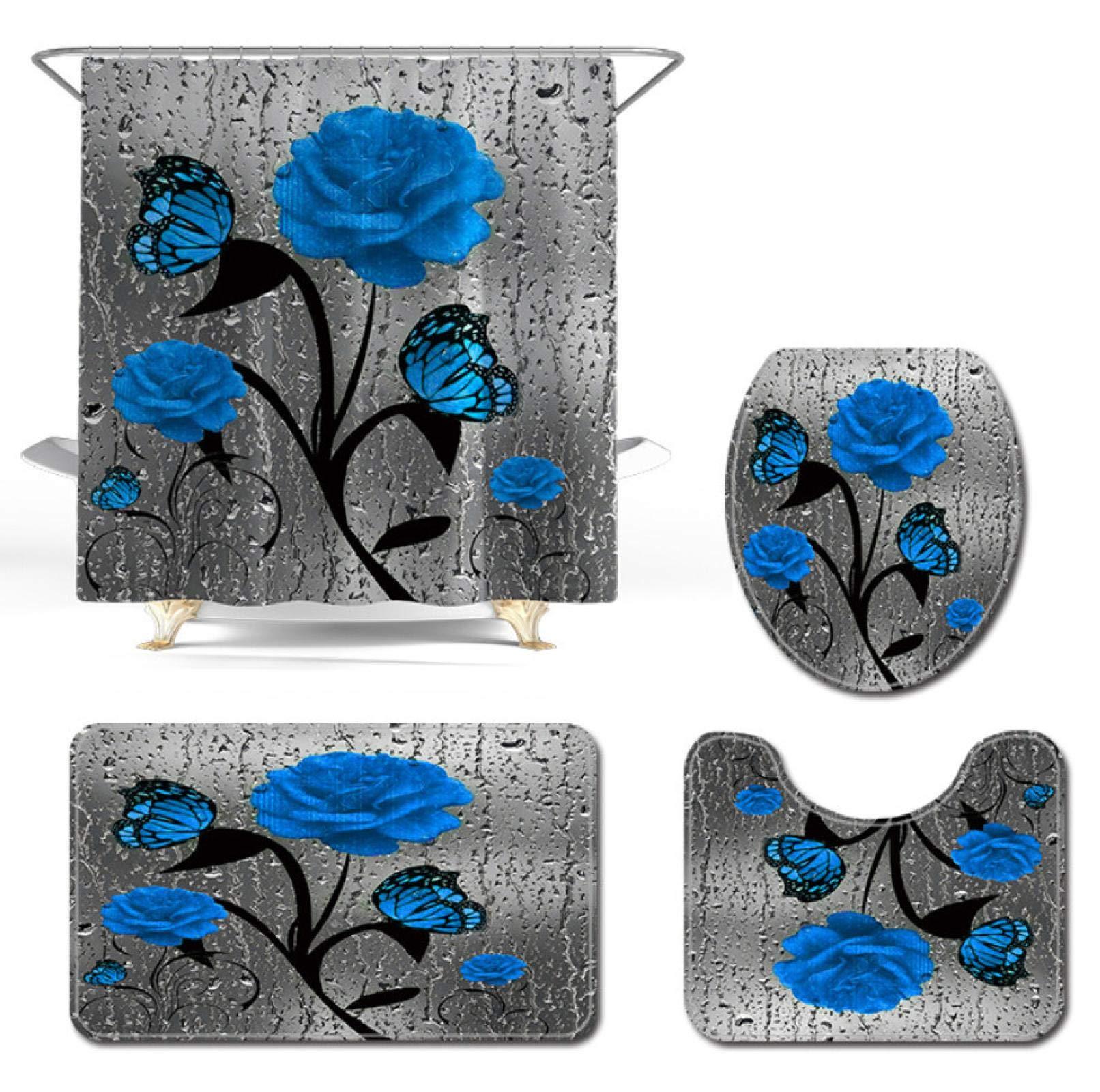 Set dus baie 4 piese: perdea, covorase si husa de toaleta, Dark Blue Rose