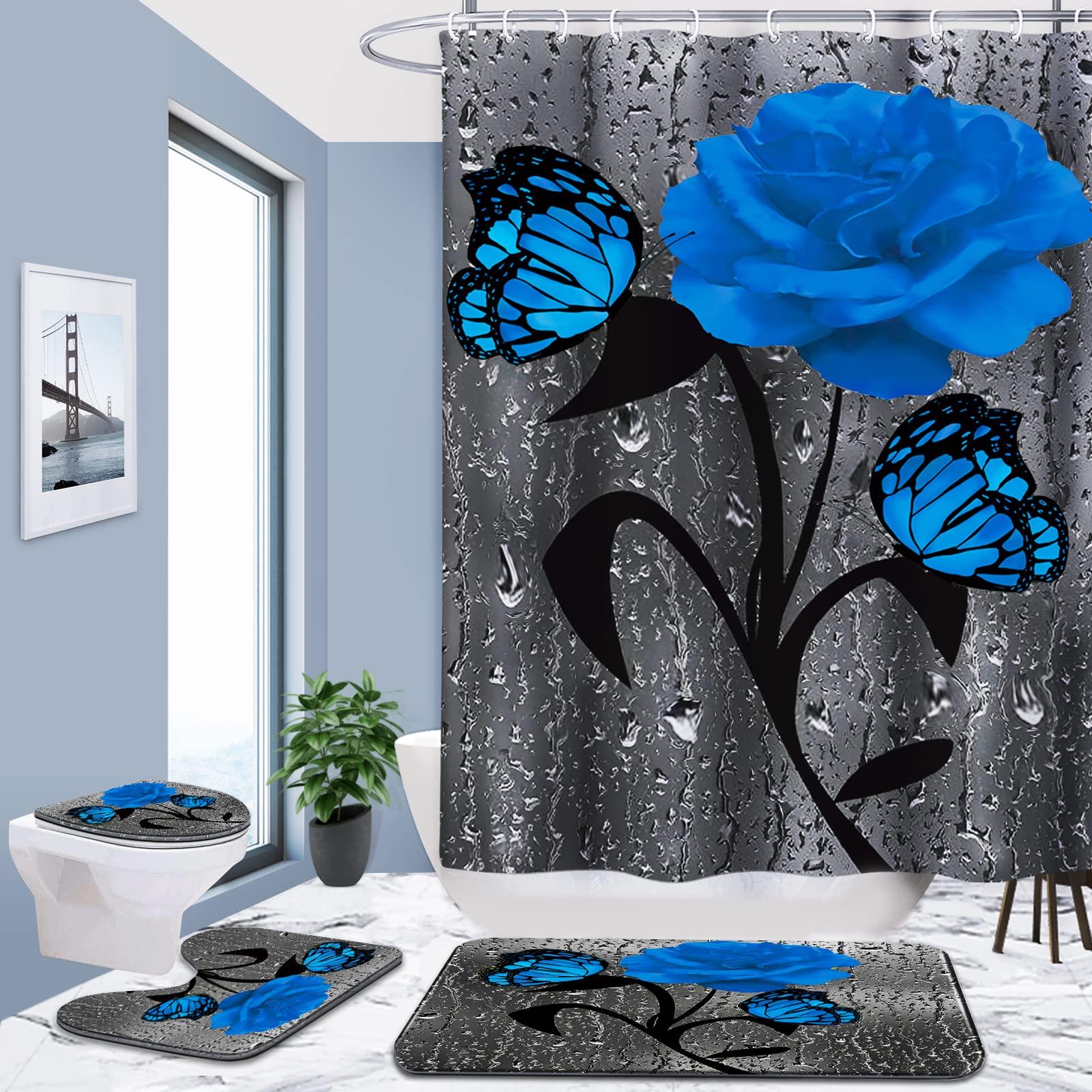 Set dus baie 4 piese: perdea, covorase si husa de toaleta, Dark Blue Rose