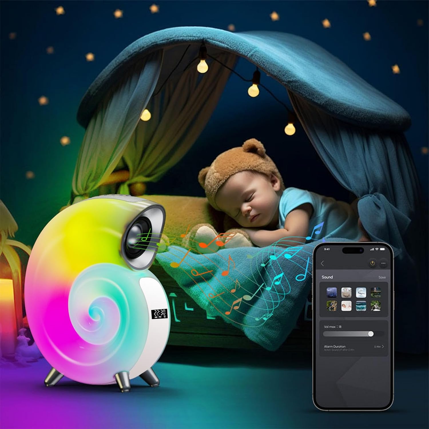 Lampa RGB Bluetooth forma de cochilie, Ceas cu alarma, lumina si sunet