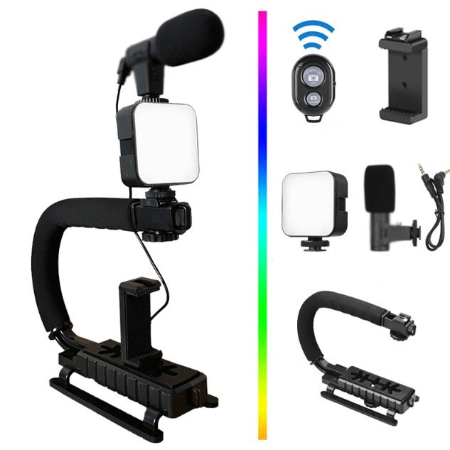 Kit profesional video Vlogging, Trepied cu microfon si lumina