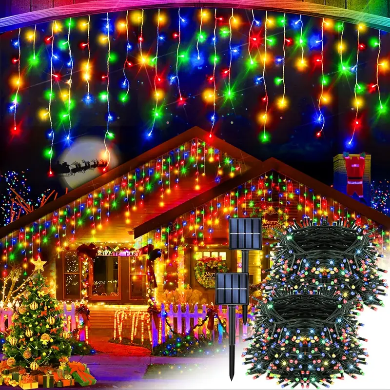 Set 4 x Instalatie solara 100 LED pentru exterior, Multicolor