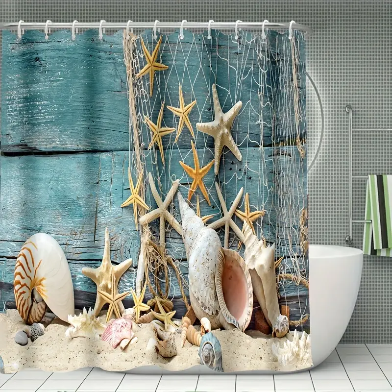 Set baie 4 piese: perdea, covorase si husa de toaleta, Ocean Shells