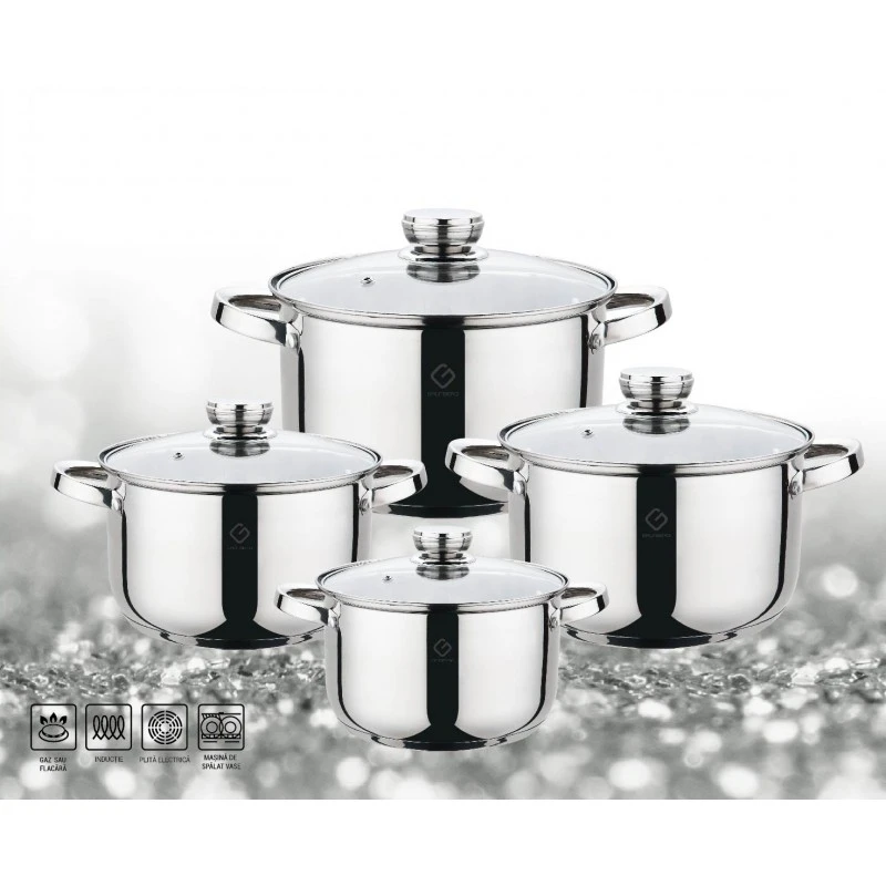 Set 8 piese: 4 oale cu capac, inox, compatibile cu plite pe gaz sau inductie