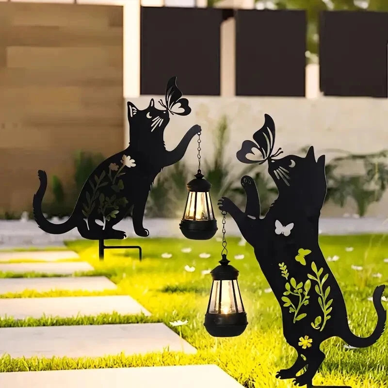 Lampa solara de gradina, decoratiune metalica, Pisica