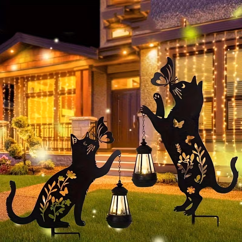 Set 2 x Lampa solara de gradina, decoratiune metalica, Pisica